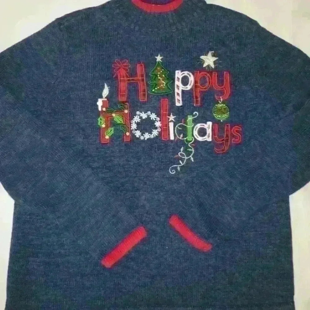 Tiara International Christmas Happy Holidays Sweater Embroidered Sz XL